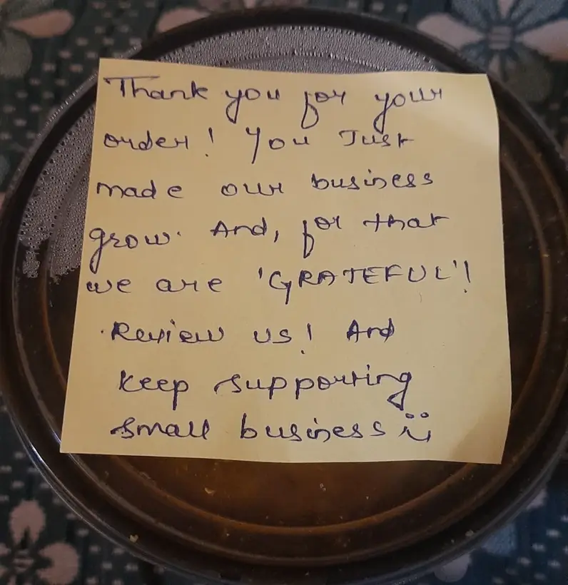 Handwritten note: Thank you for your order! You just made our business grow, and for that we are grateful. Review us and keep supporting small business.